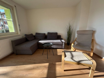Wohnzimmer - Frisch sanierte 3-Zimmer Wohnung in Hausen mit Balkon, Einbauküche und Tageslichtbad + Stellpl.