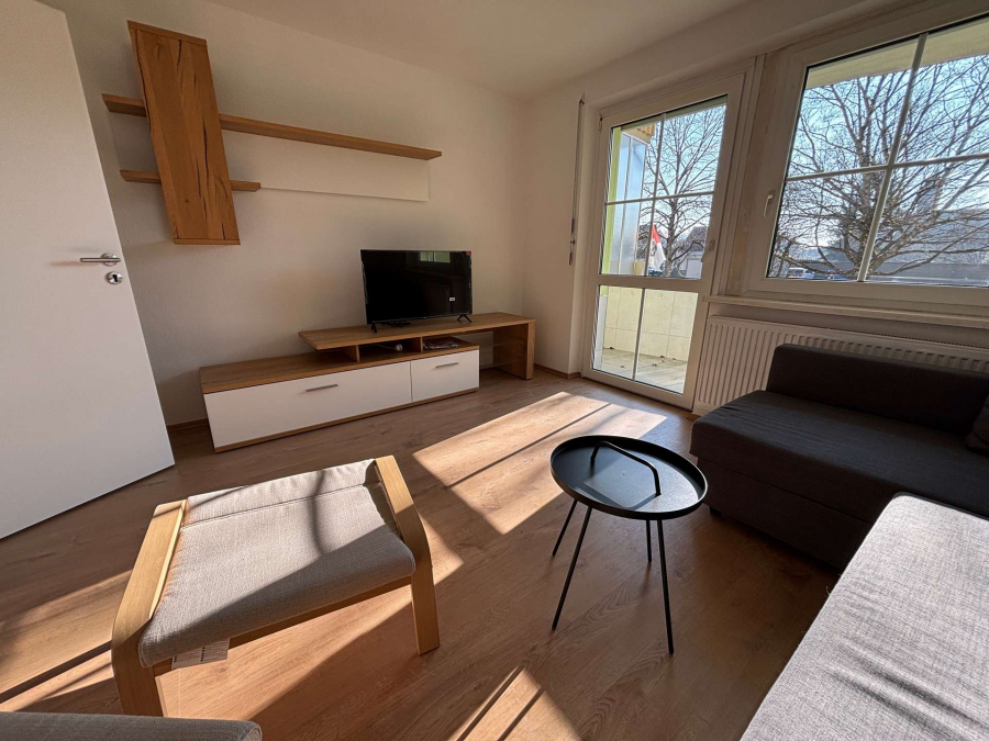 Wohnzimmer - Frisch sanierte 3-Zimmer Wohnung in Hausen mit Balkon, Einbauküche und Tageslichtbad + Stellpl.